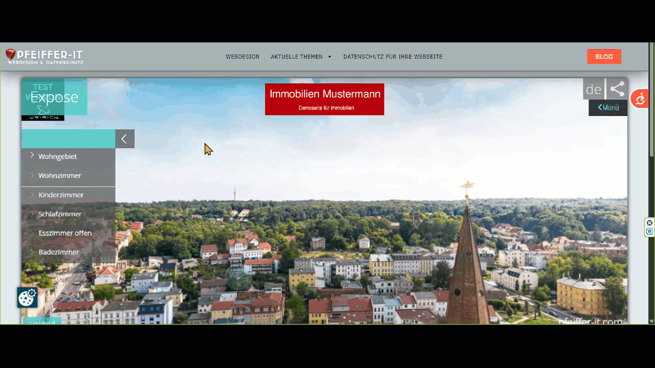 Startseite eines Immobilienportals: Panoramaaufnahme einer Stadt mit linkem Menü der Objektekategorien und rotem Werbebanner im Zentrum.