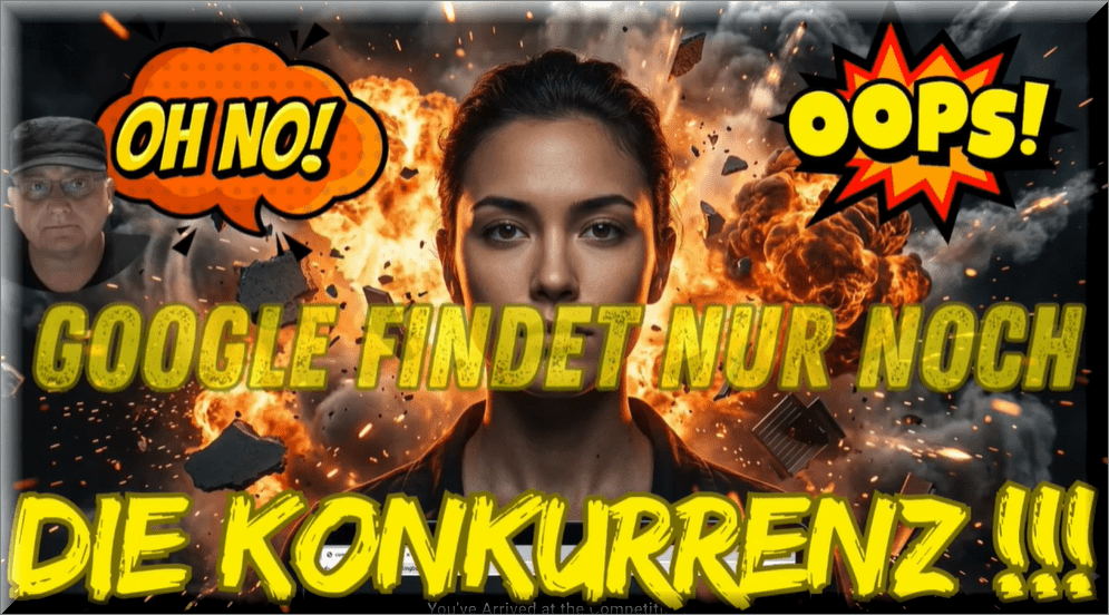 Dramatic thumbnail: woman front and center amid explosions with bold German caption accusing Google of only finding the competition.