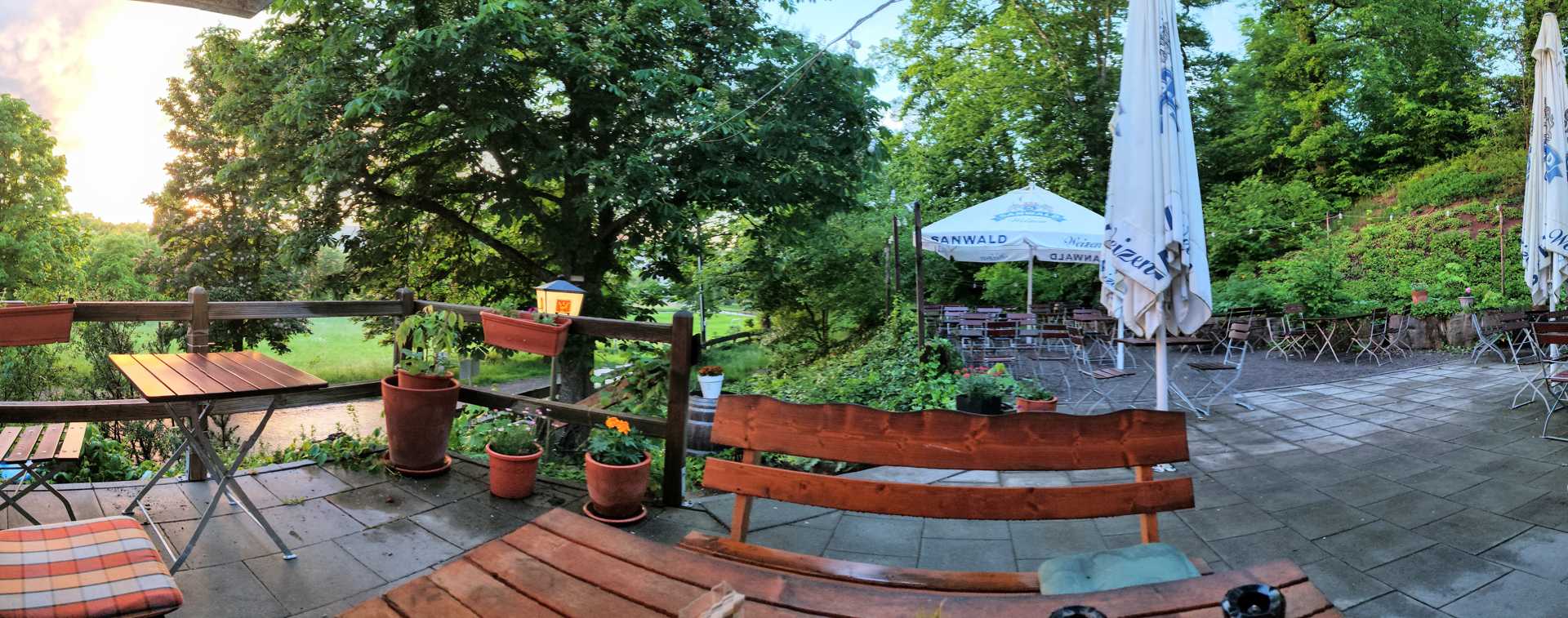 Outdoor cafe patio with wooden tables and benches, potted plants, and large trees; empty seating under white umbrellas.